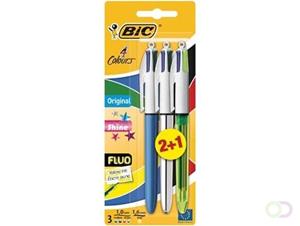 Bic balpen 4 Colours Original + Shine + Fluo, blister 2 + 1 gratis