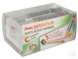 Pentel whiteboardmarker Maxiflo set van 4 stuks: blauw, rood, groen en zwart + magnetische bordwisser