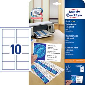 Avery Quick & Clean visitekaartje 85 x 54 mm. 185 g/m². perforatierand. C32010. Inkjet (pak 250 stuks)