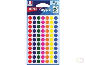 Agipa ronde etiketten in etui diameter 8 mm, geassorteerde kleuren, 385 stuks, 77 per blad