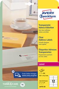 AVERY Avery Zweckform Transparente Adress-Etiketten, 99,1 x 42,3mm