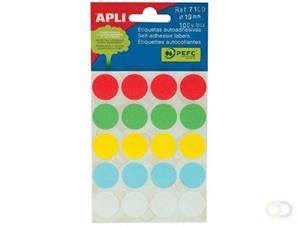 Apli ronde etiketten in etui diameter 19 mm, geassorteerde kleuren, 100 stuks, 20 per blad (7109)