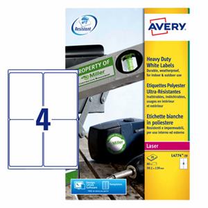 Avery Etiket  L4774-20 99.1x139mm polyester wit 80stuks