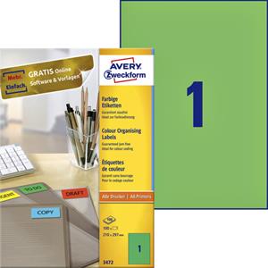 Avery Etiket  3472 210x297mm A4 groen 100stuks