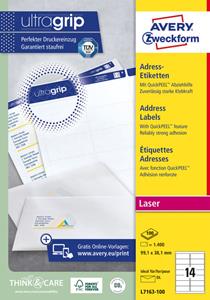 Avery L7163, Adresetiketten, Laser, Ultragrip, wit, 100 vellen, 14 per vel, 99,1 x 38,1 mm