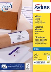 Avery witte etiketten QuickDry ft 63,5 x 33,9 mm (b x h), 2.400 stuks, 24 per blad