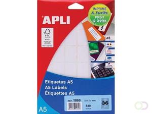 Apli witte etiketten Print & Write ft 22 x 32 mm (b x h), 540 stuks, 36 per blad (1869)