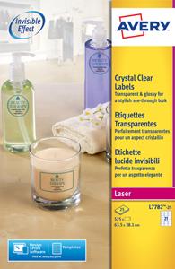 Avery transparante Crystal Clear etiketten ft 63,5 x 38,1 mm, 525 etiketten, 21 per blad