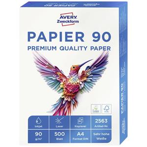 Avery Format Papier A4 90 g/m² 500 Sheets. Aanbevolen gebruik: Laser-/inkjetprinten, Papier afmeting: A4 (210x297 mm), Type finish: Mat. Certificering: FSC Mix Credit. Duurzaamheidscertificaten: 