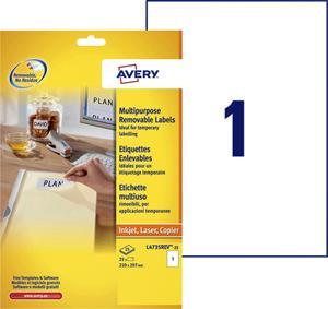 Avery Etiket  L4735REV-25 210x297mm A4 afneembaar wit 25stuks