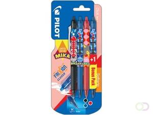 Pilot roller FriXion Clicker Mika, blister van 3+1 stuks in geassorteerde kleuren, blauw gratis