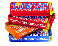 Tony'schocolonely Chocolade  reep 180gr in blik puur-melk en karamel zeezout