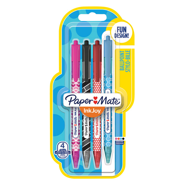 Paper Mate balpen Injoy 100 RT Wrap, blister van 4 stuks in geassorteerde fun kleuren