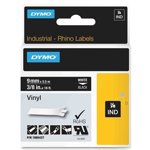 dymo 1805437 IND Rhino tape vinyl wit op zwart 9mm (origineel)