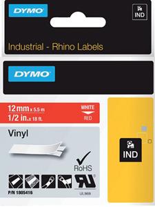 dymo 1805416 IND Rhino tape vinyl wit op rood 12mm (origineel)