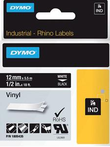 DYMO Schriftband IND RHINO Vinyl Bandfarbe: Schwarz Schriftfarbe:Weiß 12mm 5.5m