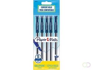 Paper Mate balpen Brite met comfortabele grip, fijn 0,7 mm, blister van 5 stuks, blauw