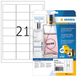 Herma 8017 Etiketten (A4) 63.5 x 38.1 mm Folie, glanzend Transparant 525 stuk(s) Permanent Folie-etiketten