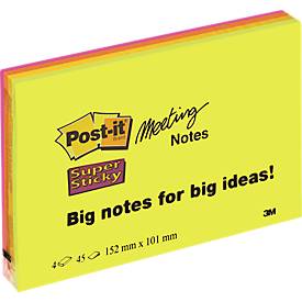 post-it Super Sticky Grote Meeting Notes 152 x 101 mm Neon Kleurenassortiment 4 Blokken van 45 Vellen