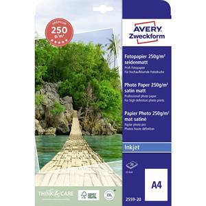 Avery Zweckform Premium Inkjet A4 250g. Kleur van het product: Wit, Type finish: Matglanzend, Media gewicht: 250 g/m². Breedte: 210 mm, Hoogte: 297 mm