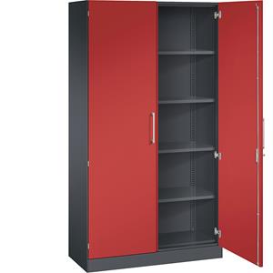 C+P Vleugeldeurkast ASISTO, hoogte 1980 mm, breedte 1000 mm, 4 legborden, zwartgrijs/vuurrood