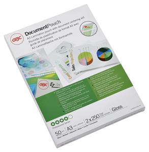 GBC Document Lamineerhoezen A3 2x250 micron Glanzend (50). Formaat: A3. Breedte: 305 mm, Diepte: 0,5 mm, Hoogte: 430 mm. Aantal per verpakking: 50 stuk(s)