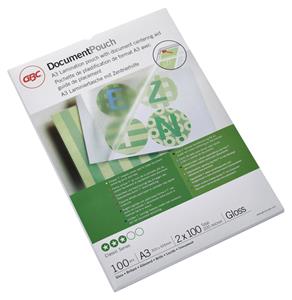 GBC Document Lamineerhoezen A3 2x100 micron Glanzend (100). Kleur van het product: Transparant, Oppervlakteafwerking: Glanzend, Formaat: A3. Breedte: 303 mm, Hoogte: 426 mm, Breedte verpakking: 308 mm