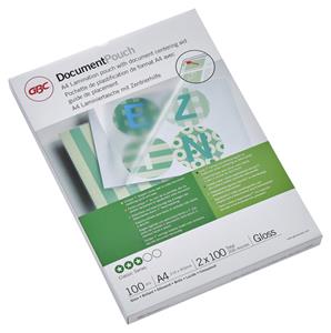 GBC Document Lamineerhoezen A4 2x100 micron Glanzend (100). Kleur van het product: Transparant, Formaat: A4. Breedte: 216 mm, Hoogte: 303 mm. Aantal per verpakking: 100 stuk(s)