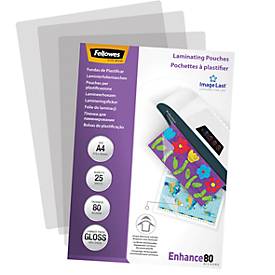 Fellowes ImageLast 80 micron lamineerhoes glanzend A4-25pk. Kleur van het product: Transparant, Materiaal: Kunststof, Oppervlakteafwerking: Glanzend. Breedte: 210 mm, Diepte: 1 mm, Hoogte: 297 mm. Aan