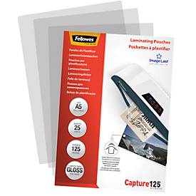 Fellowes ImageLast 125 micron lamineerhoes glanzend A5-25pk. Kleur van het product: Transparant, Materiaal: Kunststof, Formaat: A5. Breedte: 218 mm, Diepte: 1 mm, Hoogte: 162 mm. Aantal per verpakking