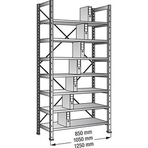 Ordner- en archief-inhaakstelling, verzinkt, hoogte 2640 mm, enkelzijdig, legbord-b x d = 1200 x 300 mm, basisstelling