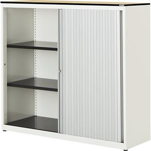 mauser Roldeurkast, h x b x d = 1168 x 1200 x 432 mm, blad met massieve kern, 2 legborden, zuiver wit / aluminiumkleurig / ahornhoutdecor