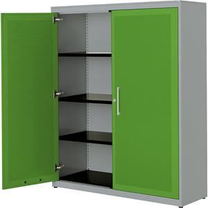 mauser Vleugeldeurkast, akoestisch effect, h x b x d = 1516 x 1200 x 432 mm, 3 legborden, blank aluminiumkleurig / geelgroen