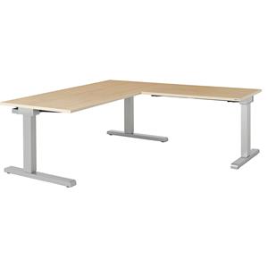 mauser Bureau, geschakeld, b x d = 1600 x 800 mm, hoekaanzet rechts (breedte 1000 mm), blad ahornhoutdecor, onderstel blank aluminiumkleurig