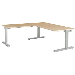 mauser Bureau, geschakeld, b x d = 1600 x 800 mm, hoekaanzet links (breedte 1000 mm), blad ahornhoutdecor, onderstel blank aluminiumkleurig