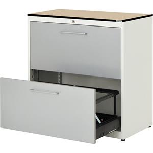mauser Hangmappenkast, blad van HPL met massieve kern, 2 laden, 2 rijen, met sluitdemping, zuiver wit / blank aluminiumkleurig / ahornhoutdecor