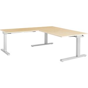 mauser Bureau, geschakeld, b x d = 1600 x 900 mm, hoekaanzet links (breedte 1000 mm), blad ahornhoutdecor, onderstel blank aluminiumkleurig