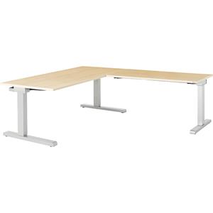 mauser Bureau, geschakeld, b x d = 1600 x 800 mm, hoekaanzet rechts (breedte 1200 mm), blad ahornhoutdecor, onderstel blank aluminiumkleurig
