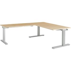 mauser Bureau, geschakeld, b x d = 1600 x 800 mm, hoekaanzet links (breedte 1200 mm), blad ahornhoutdecor, onderstel blank aluminiumkleurig