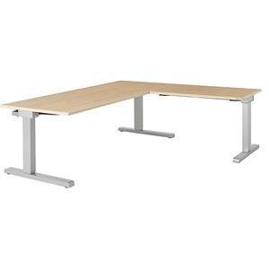 mauser Bureau, geschakeld, b x d = 1800 x 800 mm, hoekaanzet rechts (breedte 1000 mm), blad ahornhoutdecor, onderstel blank aluminiumkleurig