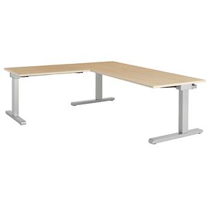 mauser Bureau, geschakeld, b x d = 1800 x 800 mm, hoekaanzet links (breedte 1000 mm), blad ahornhoutdecor, onderstel blank aluminiumkleurig