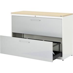 mauser Hangmappenkast, kunststof blad, 2 laden, 3 rijen, met sluitdemping, zuiver wit / blank aluminiumkleurig / ahornhoutdecor