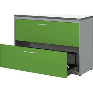 mauser Hangmappenkast, kunststof blad, 2 laden, 3 rijen, met sluitdemping, blank aluminiumkleurig / geelgroen / wit