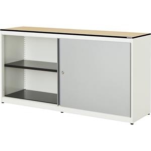 mauser Schuifdeurkast, h x b x d = 818 x 1600 x 432 mm, blad met massieve kern, 2 x 1 legbord, zuiver wit / blank aluminiumkleurig / ahornhoutdecor