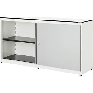 mauser Schuifdeurkast, h x b x d = 818 x 1600 x 432 mm, blad met massieve kern, 2 x 1 legbord, zuiver wit / blank aluminiumkleurig / wit