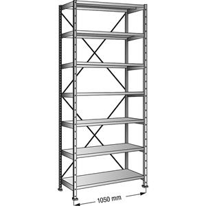 Inhaakstelling, verzinkt, 7 legborden, hoogte 2640 mm, legbordbreedte 1000 mm, diepte 200 mm, basisstelling