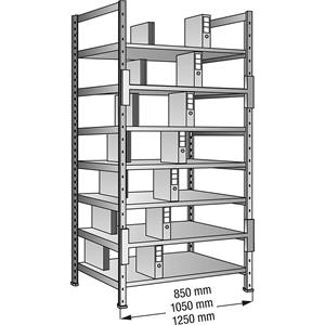 Ordner- en archief-inhaakstelling, verzinkt, hoogte 2640 mm, dubbelzijdig, legbord-b x d = 800 x 600 mm, basisstelling