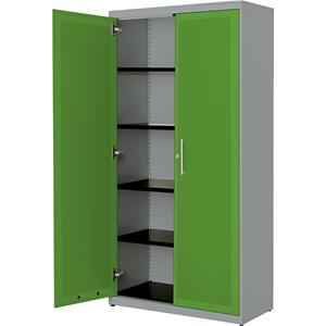 mauser Vleugeldeurkast, akoestisch effect, h x b x d = 1956 x 1000 x 432 mm, 4 legborden, blank aluminiumkleurig / geelgroen