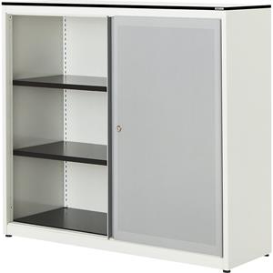 mauser Schuifdeurkast, akoestisch effect, blad met massieve kern, h x b x d = 1168 x 1200 x 432 mm, 2 legborden, zuiver wit / blank aluminiumkleurig / wit