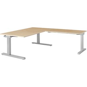 mauser Bureau, geschakeld, b x d = 1600 x 900 mm, hoekaanzet rechts (breedte 1200 mm), blad ahornhoutdecor, onderstel blank aluminiumkleurig
